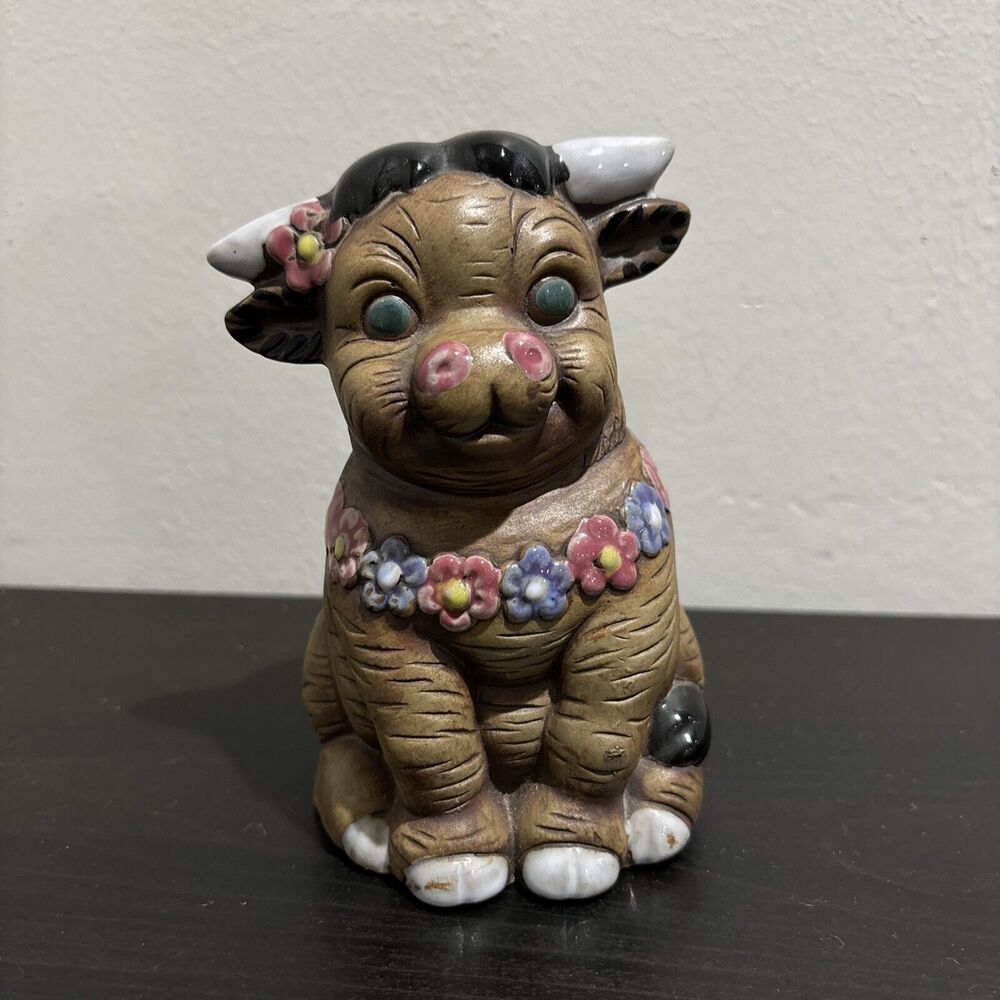 Vintage MCM 1960s Ferdinand the Bull w/ Flower Chains Stoneware Sculpture 5.5”